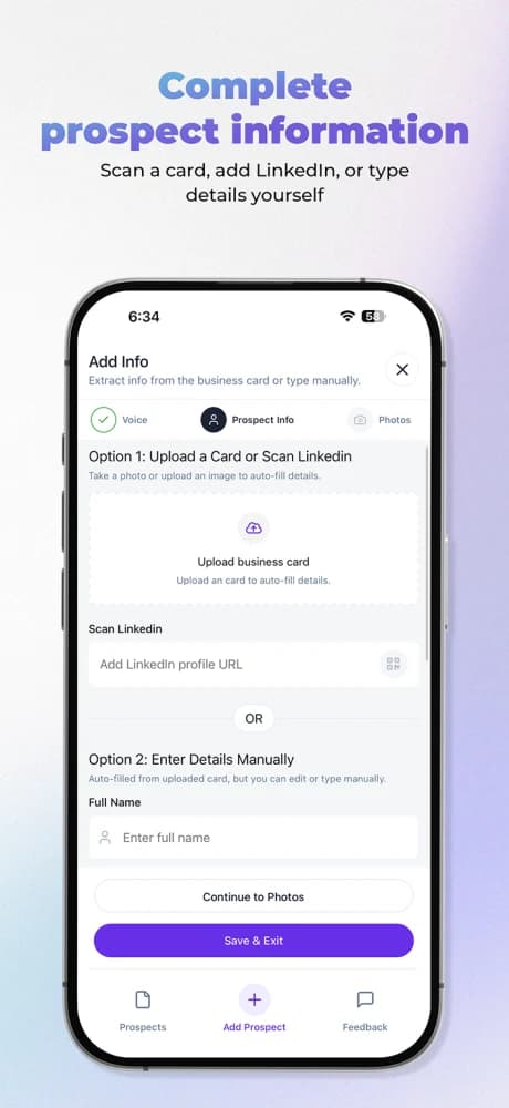 Entering prospect details or scanning a business card in EasyRem