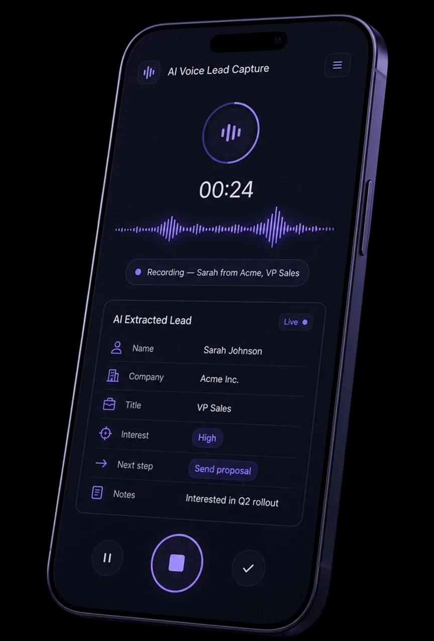 The EasyRem app recording a voice memo during an event conversation